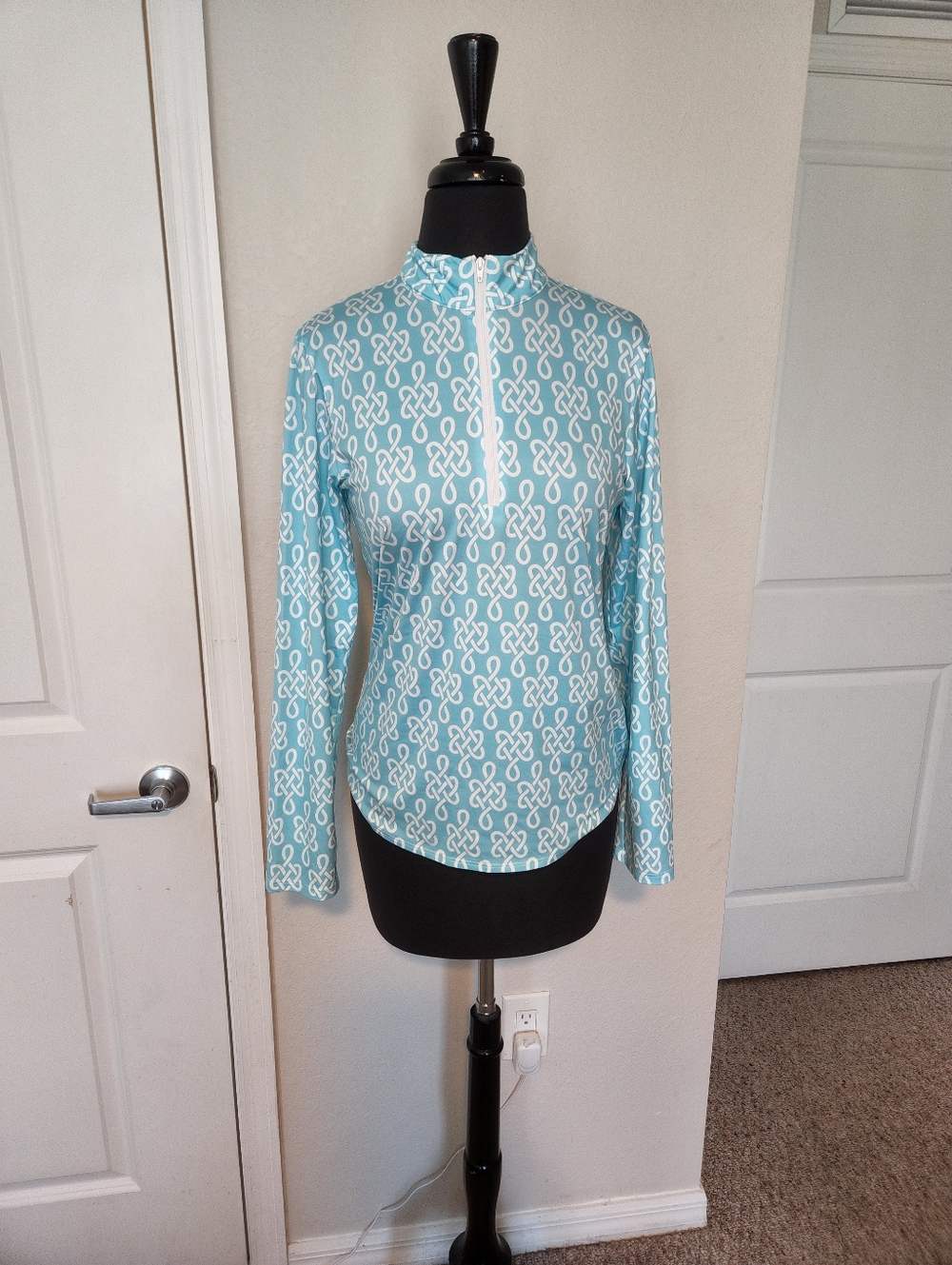 Melly M Turquoise & White Quarter-Zip Long Sleeve Top